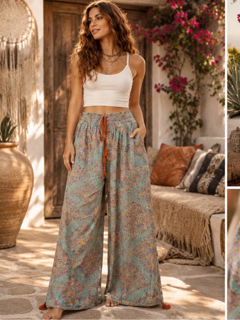 🆕 BLUE Velvet Boho Printed Wide Leg Pants – Teal & Rust ✨w/pulls to make tighter